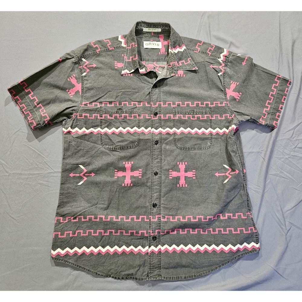 Orvis Shirt Mens Large Gray Pink Southwestern Geometric Short Sleeve Excellent